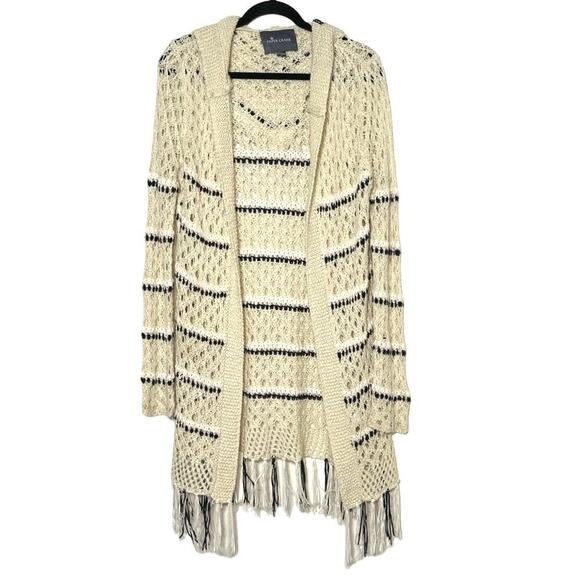 Paper Crane Women’s Striped Open Front Hooded Cardigan Beige Size Large - Picture 1 of 8